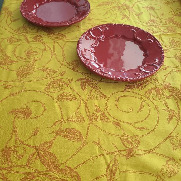 Garnier linge de table Thiebaut Cotton French Tablecloth yellow orange 67x94 new - Picture 3 of 10
